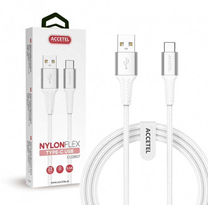 CU2807 Cable Datos Nailon Flex 3.0A - USB a USB-C Blanco (1M)