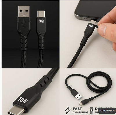 Cable Trenzado USB a Tipo-C PD 3.0 1.2 Metro 18W 3A Negro