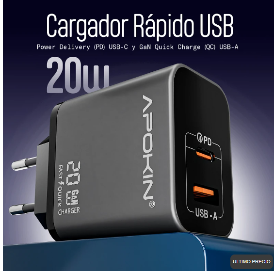 Cargador Red Tipo C + USB-A 20W 3.0A Cable Lightning APOKIN 81041
