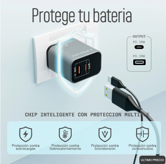 Cargador Red Tipo C + USB-A 20W 3.0A Cable Lightning APOKIN 81041