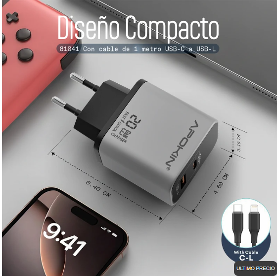 Cargador Red Tipo C + USB-A 20W 3.0A Cable Lightning APOKIN 81041