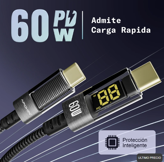 Cable USB-C a USB-C Smart Pro 60W con pantalla digital | Apokin 81805