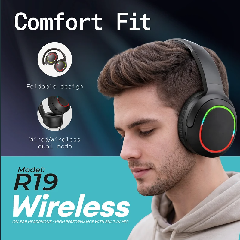 Auricular Gamming Bluetooth R19 Wireless Luz RGB Negro