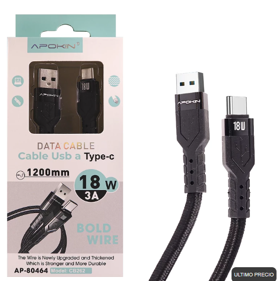 Cable Trenzado USB a Tipo-C PD 3.0 1.2 Metro 18W 3A Negro