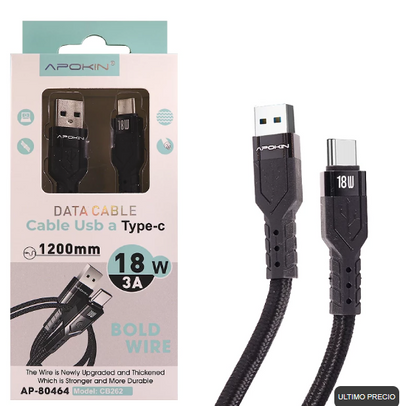 Cable Trenzado USB a Tipo-C PD 3.0 1.2 Metro 18W 3A Negro