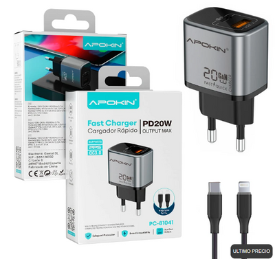 Cargador Red Tipo C + USB-A 20W 3.0A Cable Lightning APOKIN 81041
