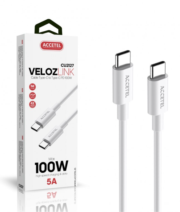 CU2127 Cable Datos Carga Rápida 100W USB-C a USB-C Max.20V 5A Blanco (1M)