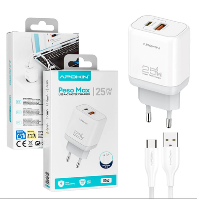 Cargador PesoMax 25W Entrada Doble Usb-A + PD/QC Cable Tipo-C APOKIN - Blanco U043 El precio se puede mostrar solo para clientes B2B registrados