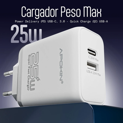 Cargador PesoMax 25W Entrada Doble Usb-A + PD/QC Cable Tipo-C APOKIN - Blanco U043 El precio se puede mostrar solo para clientes B2B registrados