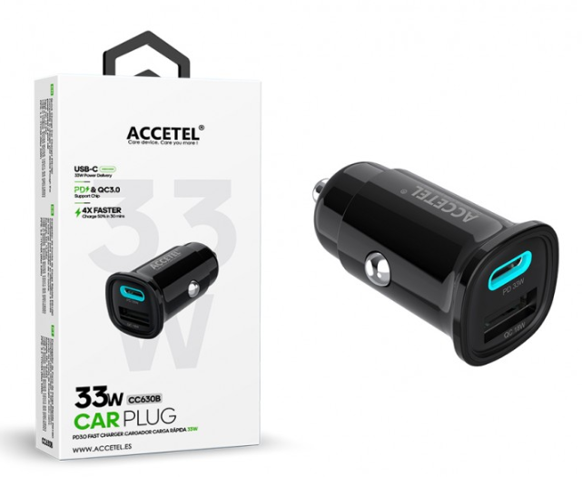 CC630B Cargador Coche Carga Rápida USB-C PD + USB-A QC Max.33W