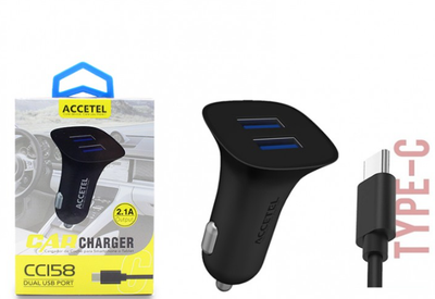CC158 Cargador Coche Dual USB 2.1A - USB-C Negro